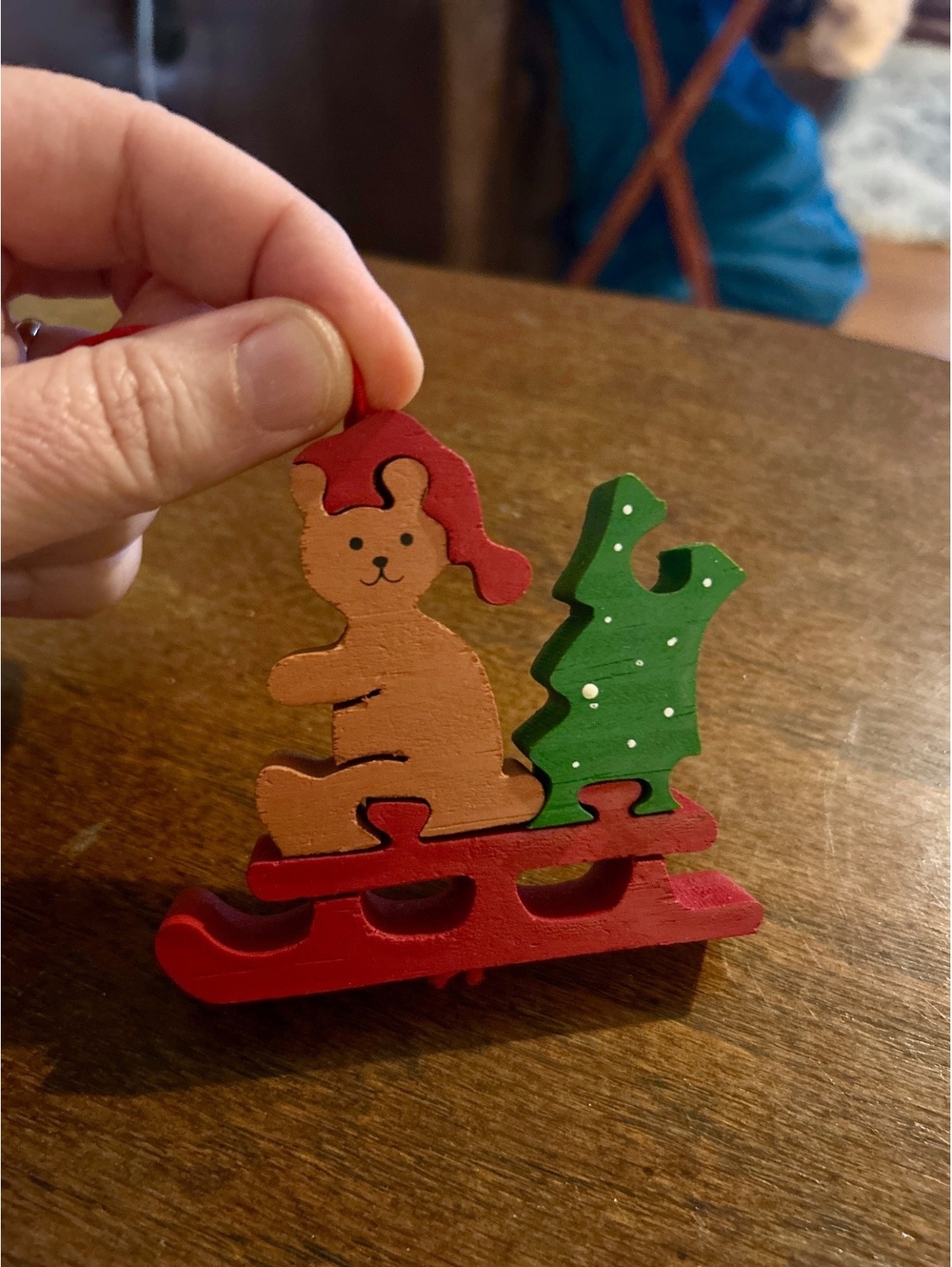 Hand-Painted Wooden Christmas Ornament - Bear on Sled with Tree